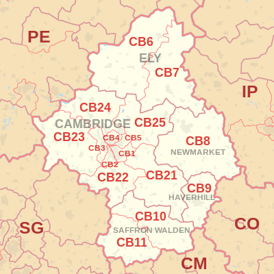 CB postcode area map, showing postcode districts, post towns and neighbouring postcode areas.