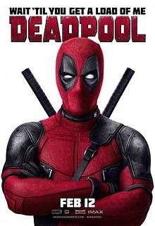 Official poster shows the titular hero Deadpool standing in front of the viewers, with hugging his hands, and donning his traditional black and red suit and mask, and the film's name, credits and billing below him.