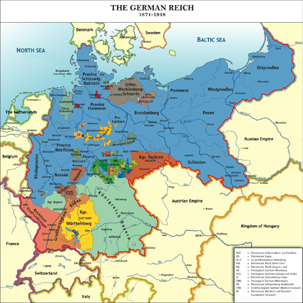 1891 yılında birleşik Alman İmparatorluğu'nın birer parçası haline 26 bölgeyi gösteren orta Avrupa siyasî haritası.