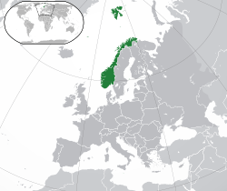  Norveç konumu  (yeşil)Avrupa'da  (yeşil & koyu gri)