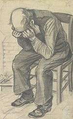 Kafasını ellerinin arasında tutarak sandalyede oturan yaşlı bir adamın çizimi
