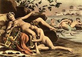 A painting of a nude woman, lying on a rock, and holding a lyre, while a second woman, kneeling, performs cunnilingus on her.  In the background, one mermaid performs cunnilingus on another, and a different pair of mermaids kiss.  A Greek temple is visible behind them.