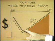 Photograph of man sitting at desk and a line chart titled "Your taxes" which shows rising taxes.
