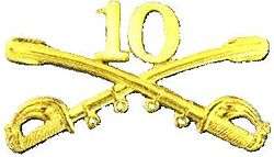 A computer generated reproduction of the insignia of the Army 10th Cavalry Regiment. The insignia is displayed in gold and consists of two sheafed swords crossing over each other at a 45 degree angle pointing upwards with a Roman numeral 10