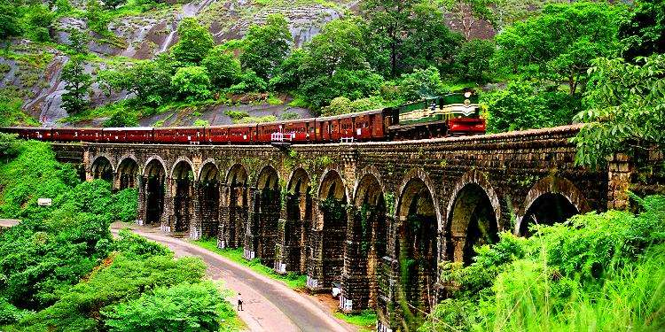 Train on arch bridge, running next to a road through a forest