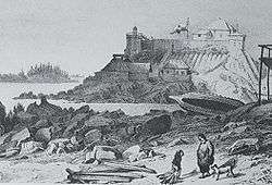 Historic 1827 illustration of Castle Hill in Old Sitka, which later became the American Flag Raising Site, an imposing fortification on a hill overlooking the water and Tlingit areas.