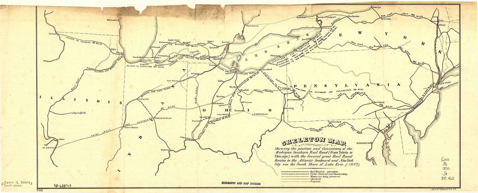 In this 1850 map, the original Wabash and Erie Canal is shown as part of an emerging system canals and rail lines