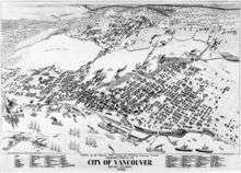 Black-and-white illustration of Vancouver. Large ships fill the harbour in the south; the town, filling the centre of the map, is bounded by trees on the left and top sides. Bridges span the middle-top body of water.