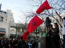 Three red flags with IWW logos being held above a crowd of people.