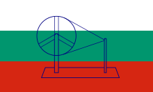A tricolour flag of white, green and red with a spinning wheel in the centre