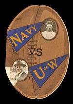 An oval-shaped cover to a program with a football design