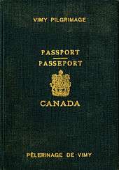 A Passport with the Canadian coat of arms in the middle and text  in both French and English identifying the book as a passport for the Vimy Pigrimage