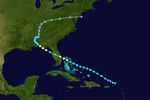 A storm track starts near Puerto Rico and heads northwestward, moves across the state of Florida, and after turning northeastward, it continues into the interior northeast