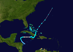 The meandering track of a hurricane through the western and northern Caribbean and southern Bahamas