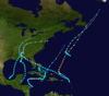 Tracking map of five tropical storms in the Atlantic Ocean, concentrated near the United States.