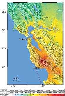 A map showing the earthquake's epicenter in California's Santa Cruz Mountains, and the various levels of earthquake shaking intensity felt in the surrounding region