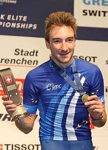 Elia Viviani in the European Champion Jersey after winning at the 2015 Track Road Championships