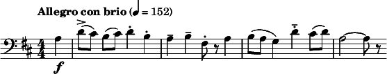  \relative c' { \clef bass \numericTimeSignature \time 4/4 \tempo "Allegro con brio" 4=152 \key d \major \partial 4*1 a\f | d8->([ cis)] b([ cis)] d4-. b-. | a-- b-- fis8-. r a4 | b8( a g4) d'-.-- cis8( d) | a2~ a8 r } 