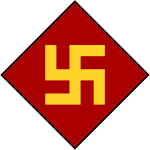 A red diamond with a yellow swastika inside it