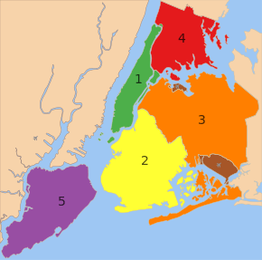 A map with five insular regions of different colors.