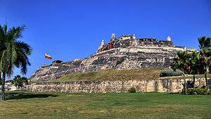 A color picture of the ruins of a Spanish colonial fort, Castillo San Felipe de Barajas