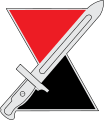 An hourglass, red on top and black on bottom, with diagonal bayonet imposed over it