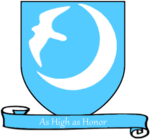 A coat of arms showing a white falcon flying out of a white moon on a sky blue field