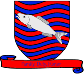 A coat of arms showing a silver fish on field of rippling red and blue