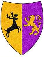 A coat of arms showing a gold on purple lion and a black on gold crowned stag combatant.