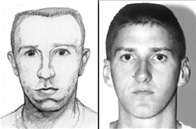 An FBI sketch is shown on the left of the image on the suspected bomber looking forward, and on the right, an image of McVeigh looking at the camera. Two brown bars are visible on the top and bottom of the comparison image.