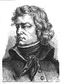Black and white print of a man with long wavy hair looking to the viewer's left. He wears a dark coat and has a scarf around his throat.