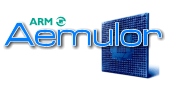 A logo consisting of turquoise text reading ARM above larger blue text reading Aemulator. A stylized picture of a blue square circuit board is behind the text.