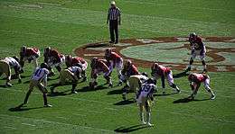 American football players lined up prior to a play