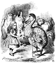Drawing of a little girl talking to a dodo with a cane