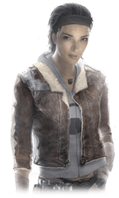 A young Afro-Asian woman with brown hair and light brown eyes. She is clad in a grey hoodie, brown leather jacket, blue jeans, fingerless gloves and a small cubic necklace. The right shoulder of the jacket is held together with duct tape.