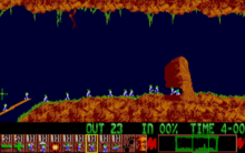 Lemmings building a bridge over a chasm and excavating a tunnel through a rock formation.