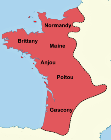 A coloured map of medieval France, showing the Angevin territories in France