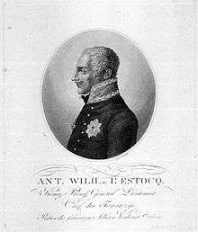 Portrait in profile of L'Estocq in uniform with mustache