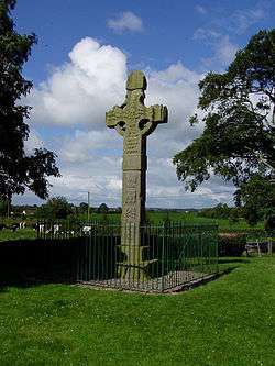 Tall stone cross, with intricate carved patterns, protected by metal railings surrounded by short cut grass. Trees are to either side, cows in open countryside are in the middle distance.