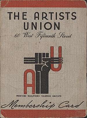 a faded card showing a logo of a stylized fist clutching three paintbrushes