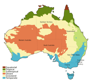 Australia divided into different colours indicating its climatic zones
