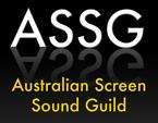 Initials of the Australian Screen Sound Guild, light grey shadow with the name in yellow on a square shaped black background.