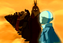 The Avatars standing in line, including Aang, Roku, Kyoshi, Kuruk, and Yangchen, in that order.