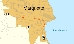 Bus. US 41 runs east–west along an L-shaped route in Marquette, Michigan