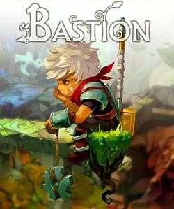 A white-haired young man sits on a floating piece of grass, looking to the left. He is holding a giant gear, and has a large hammer strapped to his back. "Bastion" is written in white above his head.