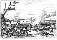 Black and white drawing of a battle scene, showing men on the ground, destroyed cannons, and the tops blown off of trees.