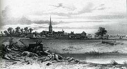 Black and white print shows a town with a church spire in the background while casualties of battle lie in the foreground.