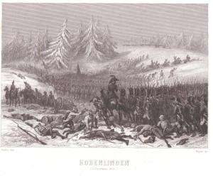 Print of French soldiers marching through snowy fields