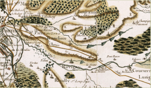 Cassini map showing the city of Troyes at left and the village of Laubressel at center.