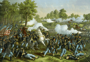 A painting depicting an American Civil War battle. In the foreground soldiers in blue surround a high-ranking officer on a white horse. The officer has been shot and is falling into the arms of one of the soldiers.  They are fighting another group of soldiers who stand in the background wearing grey uniforms and firing weapons.